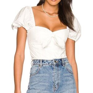 Amanda Uprichard White Tie-Front Puff Sleeve Blouse